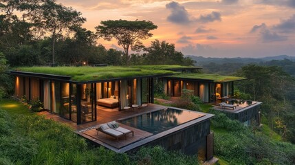 Obraz premium Modern eco-friendly luxury hotel, lush green roof, sustainable materials, nature view,