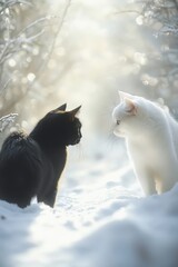 Photo of a black shorthair cat and a white longhair cat crossing paths in the snow, surrounded by a bright snowy landscape