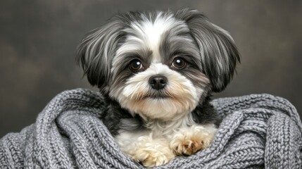 A cute dog wrapped in a cozy gray blanket, showcasing its expressive eyes and fluffy fur.