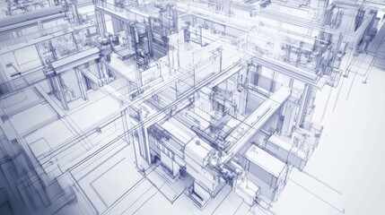 Complex engineering structure wireframe connecting various systems