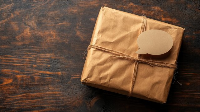 Wrapped brown paper package with twine and blank speech bubble tag