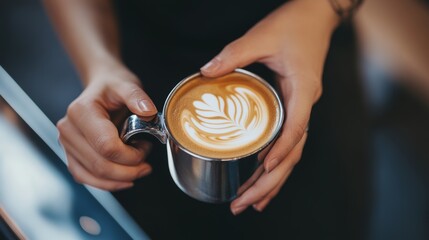 A barista creating intricate latte art in a modern coffee shop, Coffee shop scene, Artistic expression style