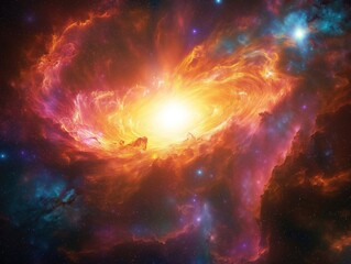 Colorful galactic nebula swirls with bright central star. Fiery orange, crimson clouds of gas, dust mix with deep blues, purples in vast cosmos. Stars scattered throughout space create depth,