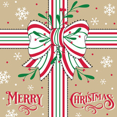 Christmas Gift Bows with Mistletoe, Snowflakes, and Merry Christmas Text. Natural Background- Christmas Isolated Vector Illustration