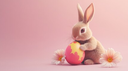 Obraz premium A cute bunny with an Easter egg surrounded by flowers.
