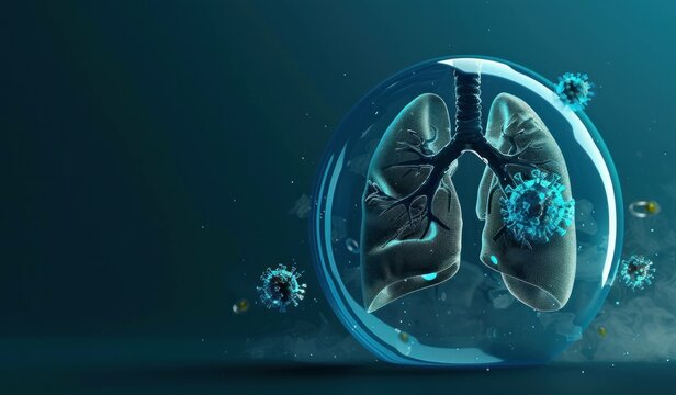 3D illustration of human lungs in a protective sphere, surrounded by virus particles, symbolizing health and disease prevention in respiratory system.