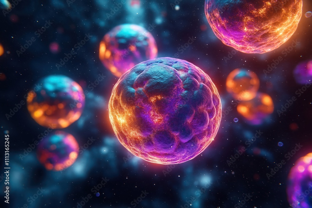 Poster glowing colorful cells in space. microscopic world. abstract representation of cells. surreal glowin