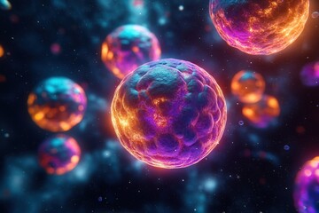 Fototapeta premium Glowing colorful cells in space. Microscopic world. Abstract representation of cells. Surreal glowing cells with bright colors. Science and tech concept. Biotech research. Fantastic. Futuristic view.
