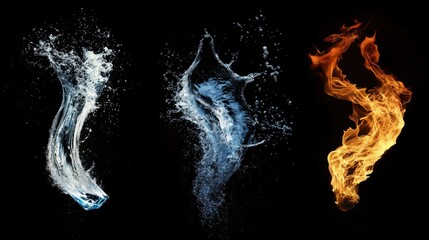Water and fire clashing in stunning contrast on black background