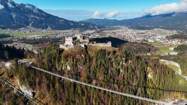 Aerial view of Highline179 and Ehrenberg Castle ruins in Austria