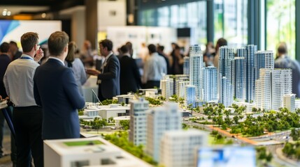 A bustling construction technology conference with engineers discussing smart city innovations and sustainable infrastructure solutions, Tech conference scene, Innovation showcase style