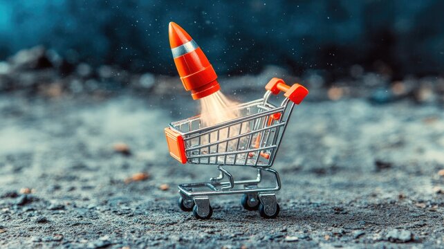 Rocket taking off from shopping cart, symbolizing rapid growth or commerce acceleration