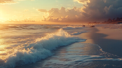 Fototapeta premium Dramatic sunset over ocean waves crashing on sandy beach.