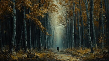 Obraz premium Solitary Figure in an Autumnal Forest Path