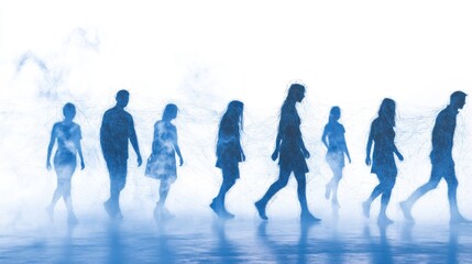 People walking connected by data stream sharing information