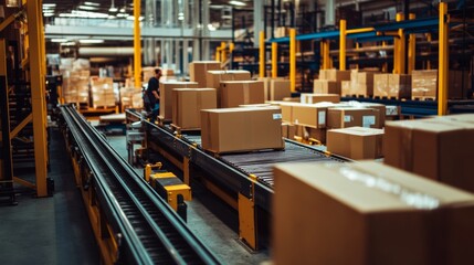 A bustling stockroom with conveyor belts and packages ready for dispatch, Stockroom scene, Organized and efficient style
