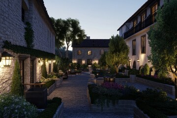 Fototapeta premium 3D realistic render of a modern art film-inspired landscape, combining lush vegetation, diverse plants, and innovative architecture in a harmonious design