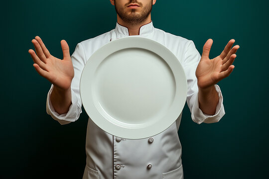 Culinary master chef in a white uniform holding an empty plain white plate against a green background. 

