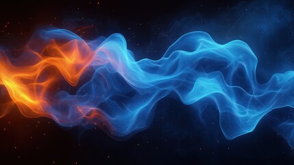 Abstract digital art interplay of blue, orange energy forms. Fractal patterns create dynamic energy flow. Intricate textures, glowing particles suggest cosmic futuristic energy. Visual design ideal