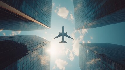 Detailed high-res image of an airplane navigating between tall glass buildings, set against a bright blue sky with clouds and sunlight