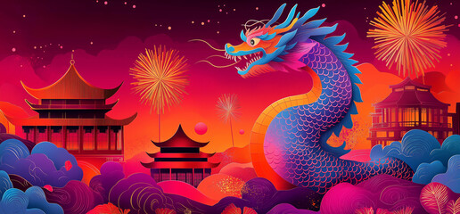 Chinese new year red dragon. 3D paper cut.