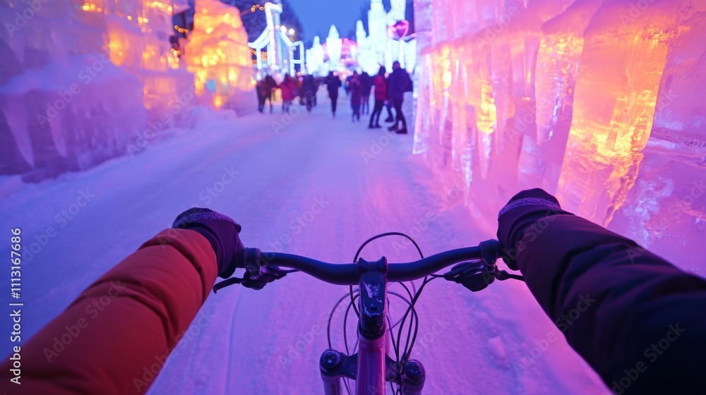 Poster riding a bike through a winter wonderland filled with illuminated ice sculptures and lively crowds. 
