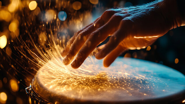Hand playing drum with magical golden sparks.