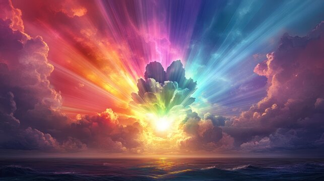 Vibrant sunrise over a vast ocean with colorful clouds radiating light. - Powered by Adobe