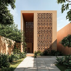 Naklejka premium A modern building with a geometric facade and a lush garden.