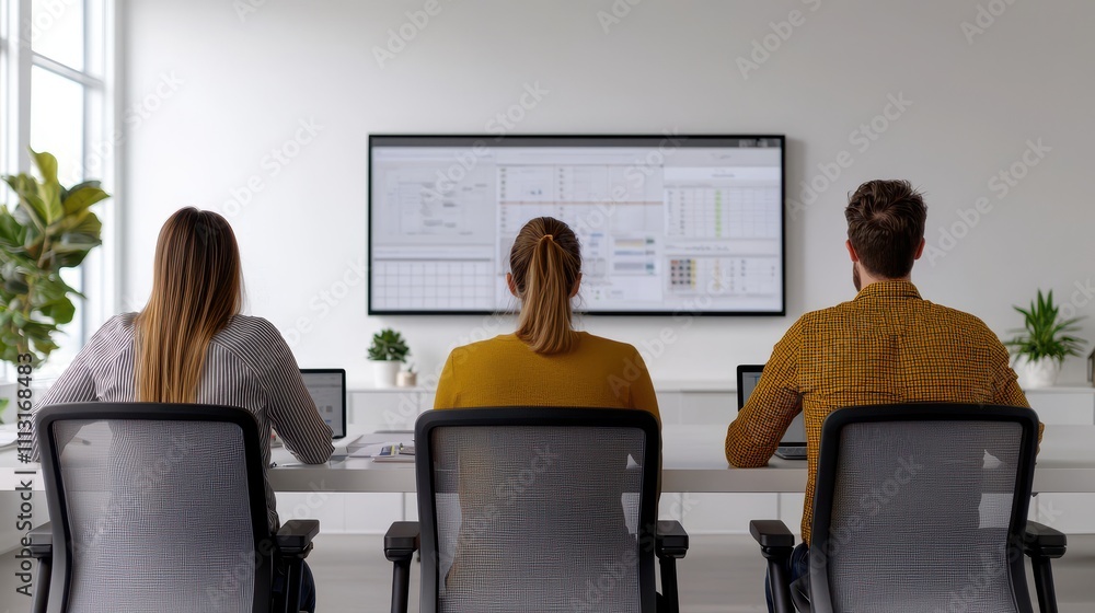 Poster team collaboration in modern office setting with technology display