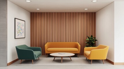 Fototapeta premium Modern Living Room with Colorful Furniture and Warm Wood Accents