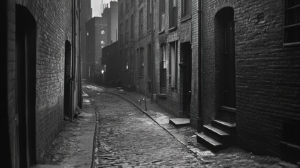 Obraz premium Cobblestone alleyway, brick buildings, somber atmosphere.