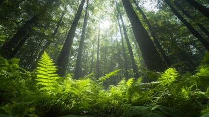 Fototapeta premium Sunlit Forest Canopy: A Mystical Realm of Ferns and Ancient Trees