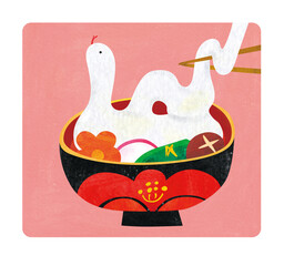 2025年巳年の年賀状　へびもちのお雑煮　文字なし　おいしい