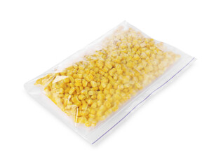 Frozen corn kernels in plastic bag isolated on white