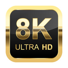 8K Ultra HD sticker label ,High definition label. Gold UHD symbol, 8K resolution monitor screen color mark, UHD 7680p video icon ,realistic shiny and glossy Vector isolated on white background.