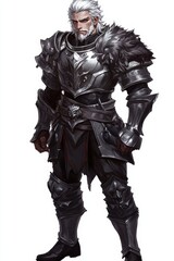 Fototapeta premium Full-body depiction of a fierce, ferocious character in dark silver armor, created for a mobile game