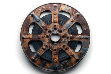 Obraz premium Rusted vintage film reel with dark gray film, isolated on white background.