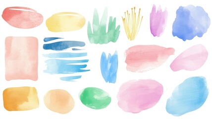 A collection of watercolor brush strokes and shapes in various colors for design use.