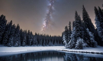 Fototapeta premium A winter wonderland background, with snow-covered pine trees, a frozen lake, and a clear, starry night sky, capturing the essence of the holiday season