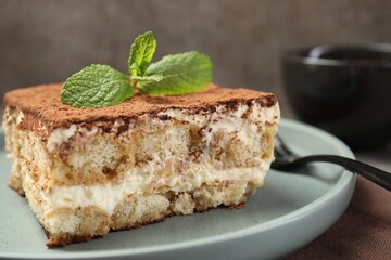 Piece of tasty tiramisu with fresh mint on table, closeup