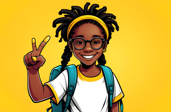 Smiling child with glasses and dreadlocks pointing upward, wearing a backpack and yellow shirt, on a bright yellow background, concept of education and positivity