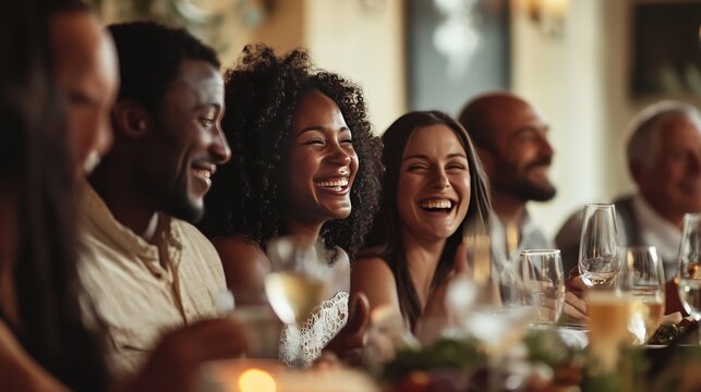 A wedding rehearsal dinner with family members laughing and sharing stories - Powered by Adobe