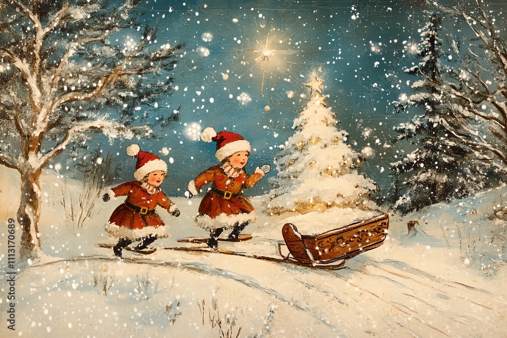 Aufkleber two children are playing in the snow, one of them is pulling a sled. the scene is set in a winter la