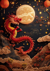 Obraz premium Chinese new year red dragon in the full moon sky. 3D paper cut.