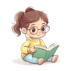 A cute little girl with glasses is sitting on the floor and reading a book.