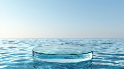 Empty circular glass podium placed on a clear blue water background, perfect for showcasing cosmetic products with a fresh feel.