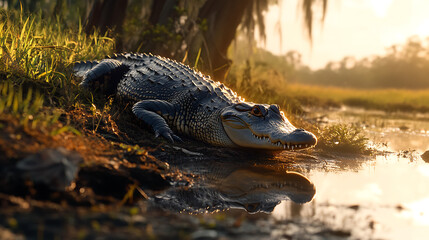 Fototapeta premium American alligator at sunrise, resting by water's edge in swamp.