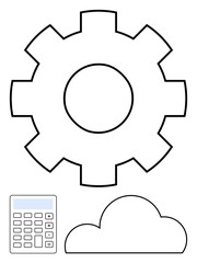 Gear symbolizing engineering, cloud representing cloud computing, and calculator indicating data calculation. Ideal for tech projects, industry, mechanical design, computing solutions, educational
