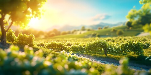 Fototapeta premium A field of green grass with a road running through it. The sun is shining brightly, creating a warm and inviting atmosphere